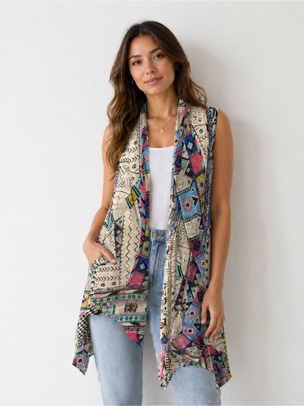 Camilla Multicolor Boho Patterned Sleeveless Vest (Cream, Pink, Blue, Green)